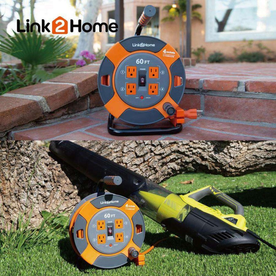 Extension Cord Reels * | Link2Home 60 Ft. 14/3 Extension Cord Storage Reel With 4 Grounded Outlets And Surge Protector