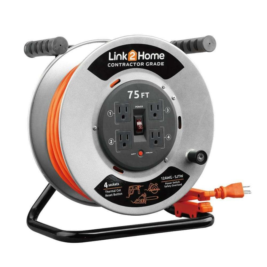 Extension Cord Reels * | Link2Home 75 Ft. 12/3 Extension Cord Storage Reel With 4 Grounded Outlets And Surge Protector