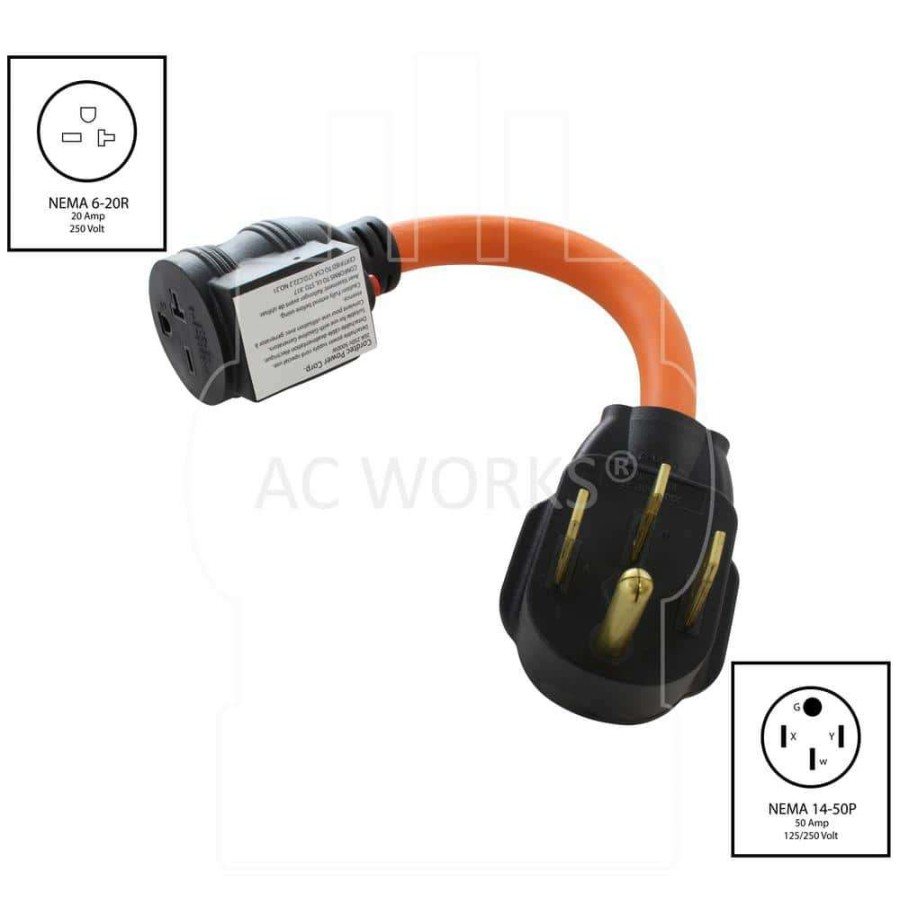 Extension Cord Accessories * | Ac Works 1 Ft. 50 Amp 14-50P Rv/Generator/Range Plug To 6-15/20 Outlet With 20 Amp Breaker