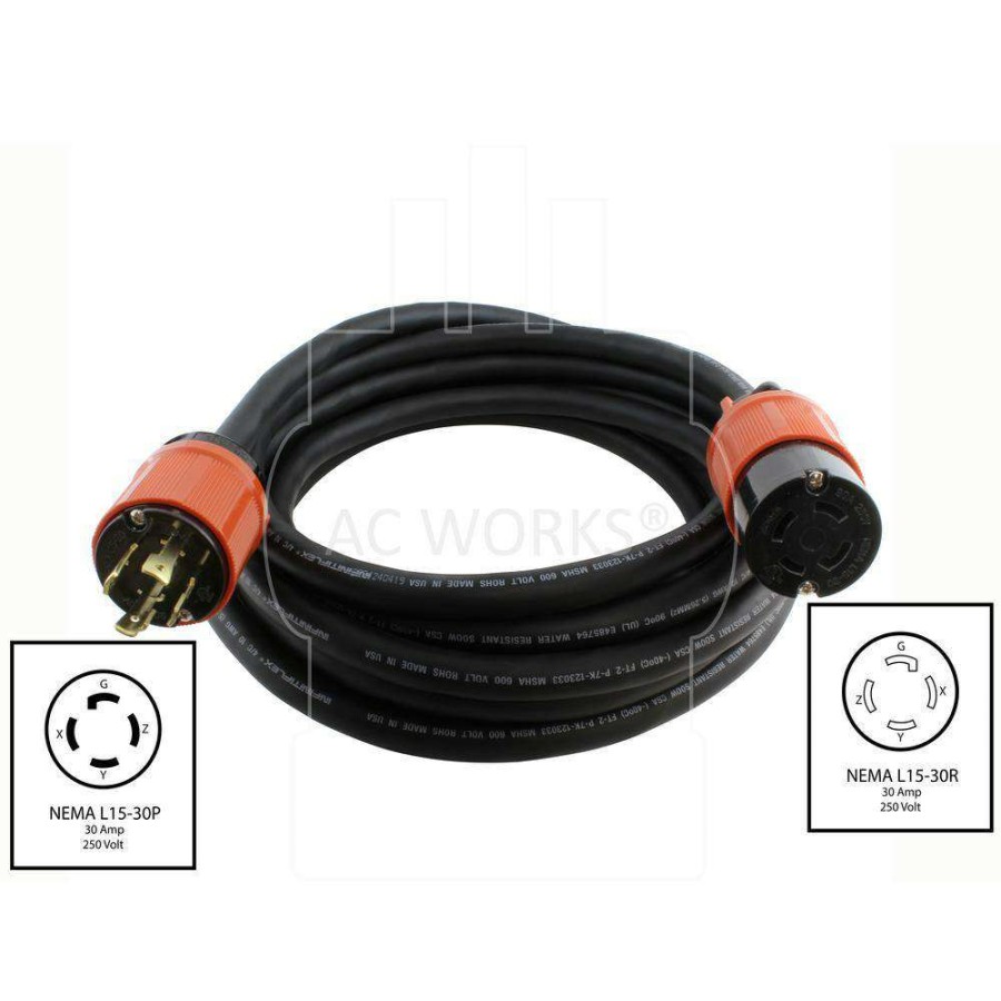 General Purpose Cords * | Ac Works 50 Ft. Soow 10/4 Nema L15-30 30 Amp 3-Phase 250-Volt Industrial Rubber Extension Cord