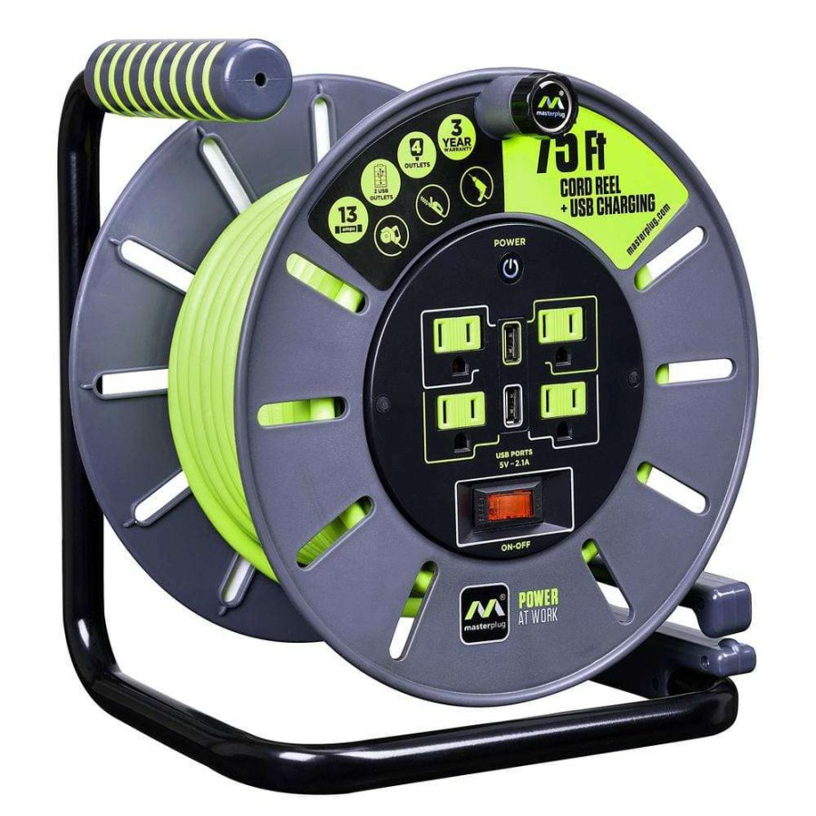 Extension Cord Reels * | Masterplug 75 Ft. 13 Amp 14 Awg Large Open Reel With Usb Charging And 4-Sockets