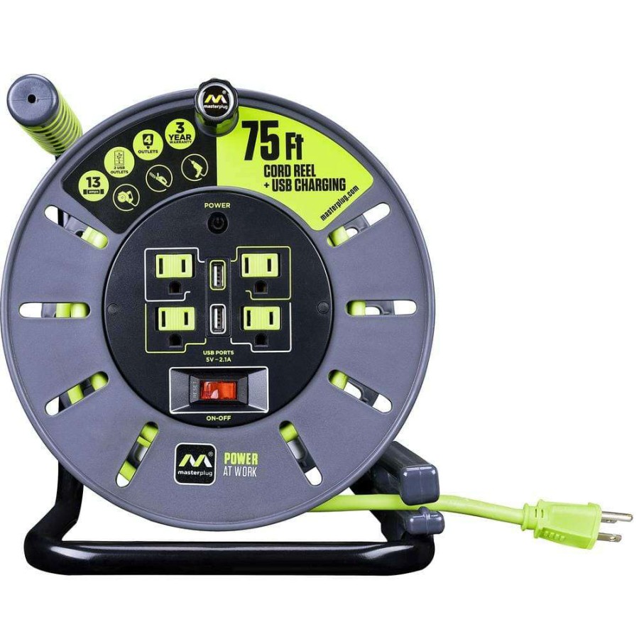 Extension Cord Reels * | Masterplug 75 Ft. 13 Amp 14 Awg Large Open Reel With Usb Charging And 4-Sockets