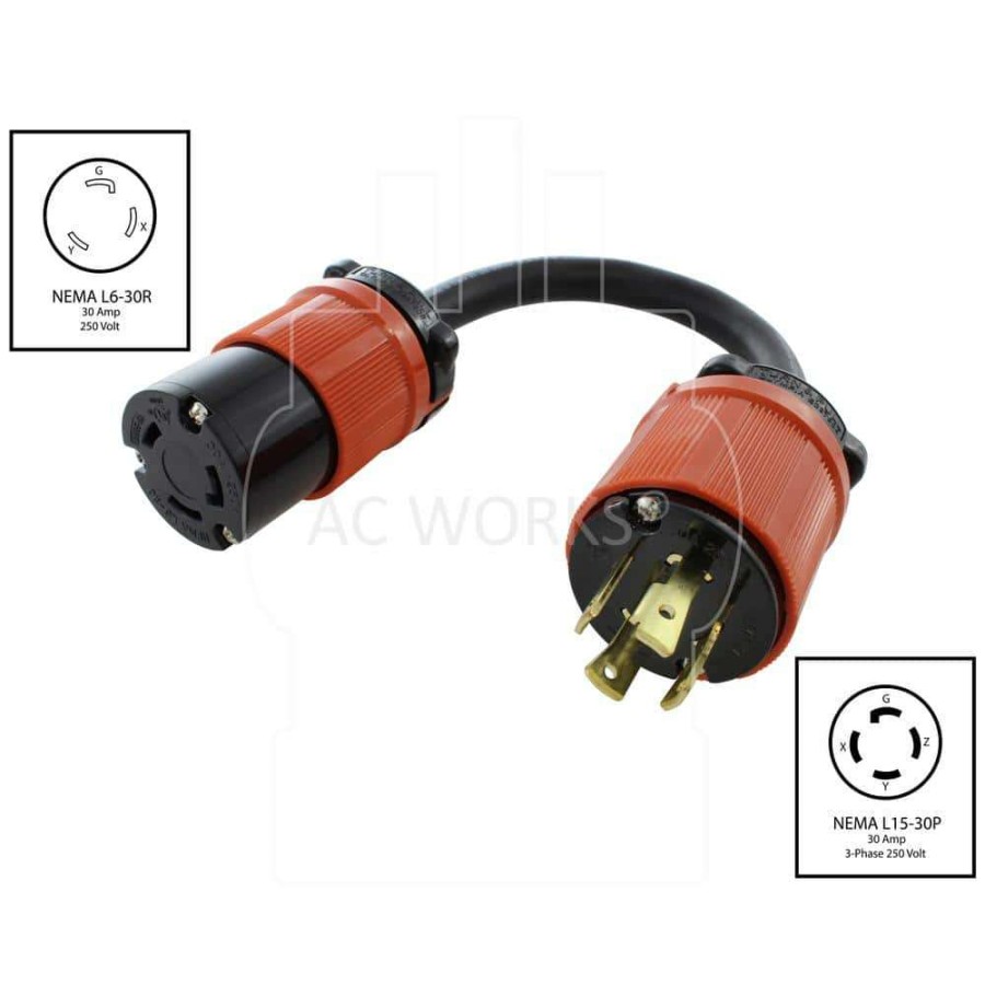 Extension Cord Accessories * | Ac Works 1 Ft. Adapter Cord 3-Phase 30 Amp 250-Volt L15-30P 4-Prong Plug To L6-30R Locking 250-Volt Connector