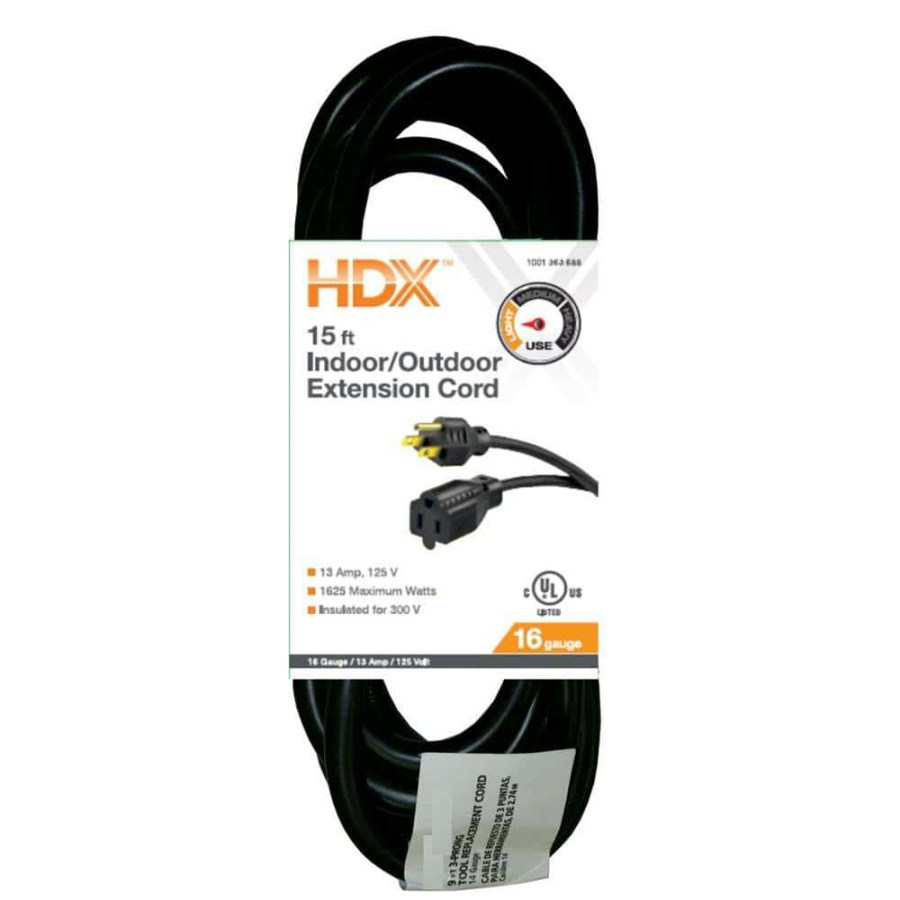 General Purpose Cords * | Hdx 15 Ft. 16/3 Indoor/Outdoor Extension Cord, Black