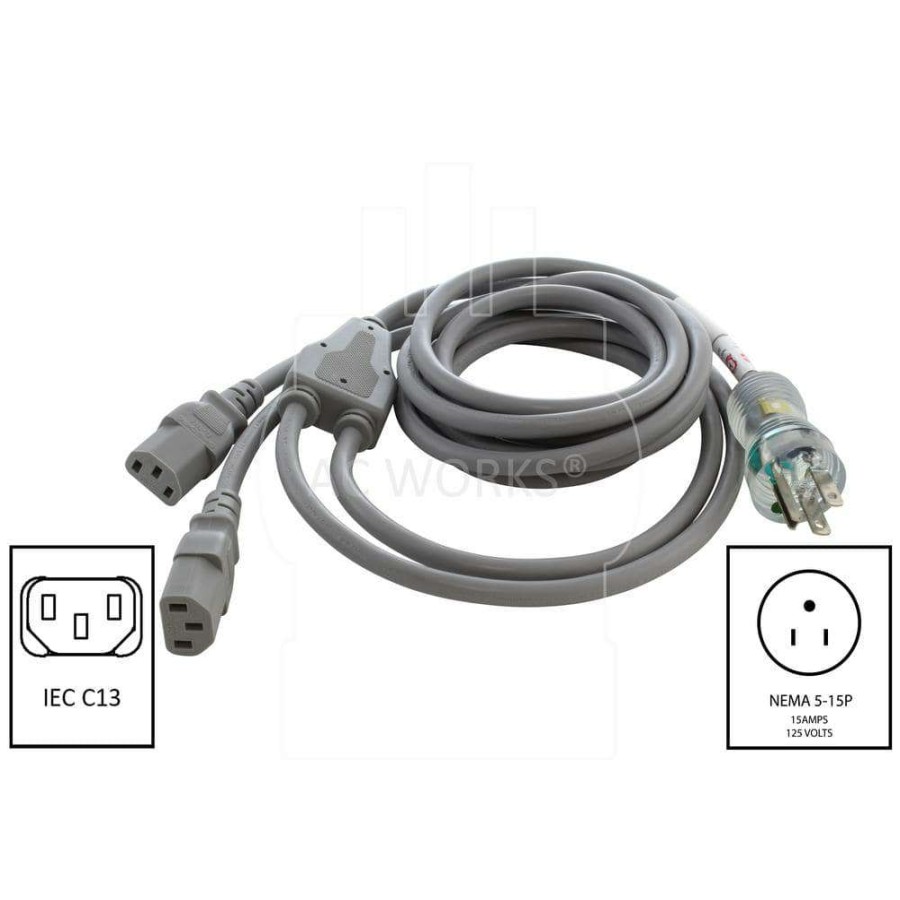 Extension Cord Accessories * | Ac Works 10 Ft. 10 Amp 18/3 Medical Grade Y-Cable With Two C13 Connectors