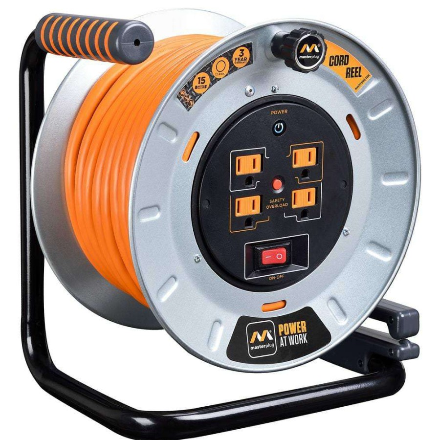 Extension Cord Reels * | Masterplug 100 Ft. 15 Amp 12 Awg Large Open Metal Reel With 4-Sockets