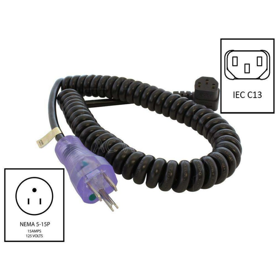 Extension Cord Accessories * | Ac Works Up To 6.5 Ft. 10 Amp 18/3 Coiled Medical Grade Power Cord With Right C13 Connector