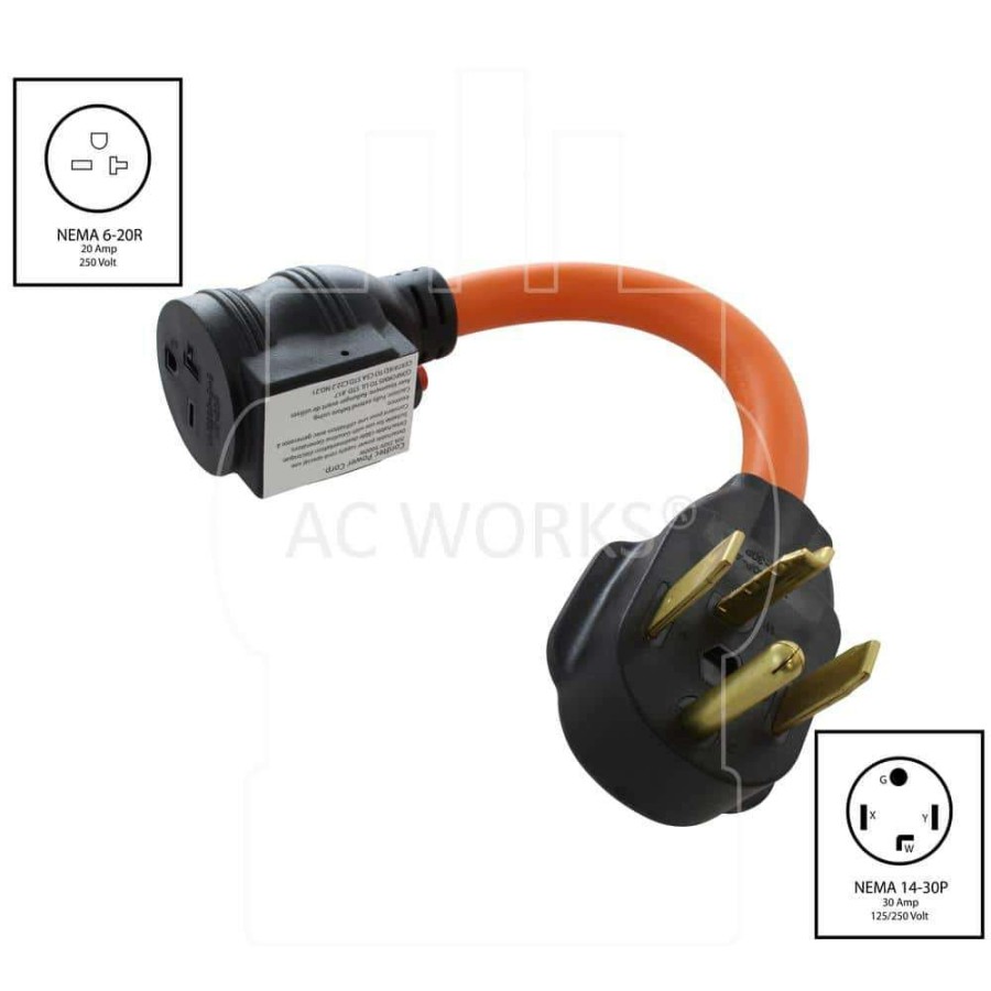 Extension Cord Accessories * | Ac Works 1 Ft. 30 Amp 4-Prong 14-30P Dryer Plug To 6-15/20 Outlet With 20 Amp Breaker