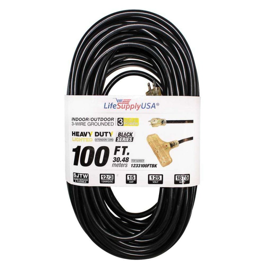 General Purpose Cords * | Lifesupplyusa 100 Ft. 12/3 Sjtw 3-Outlet 15 Amp 125-Volt 1875-Watt Indoor/Outdoor Black Heavy-Duty Tri-Source Extension Cord