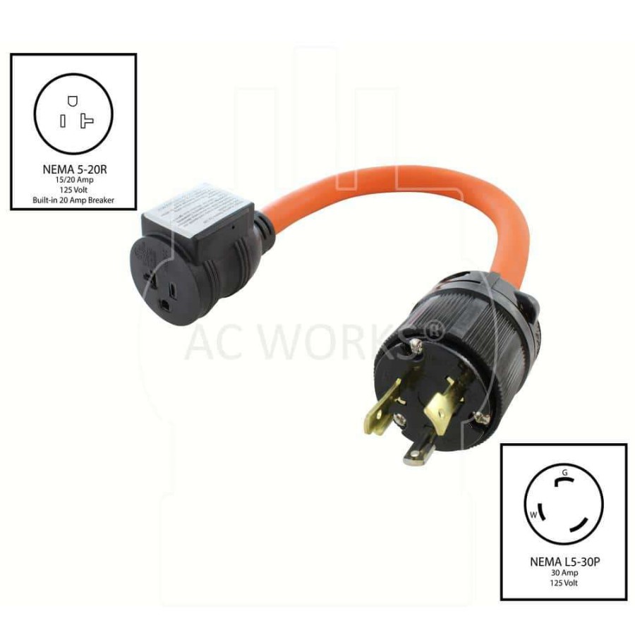 Extension Cord Accessories * | Ac Works 1.5 Ft. 30 Amp 3-Prong L5-30P Locking Plug To Household Outlet With 20 Amp Breaker