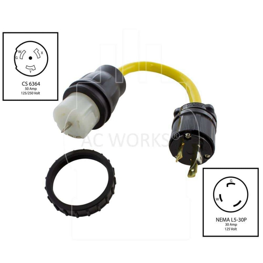 Extension Cord Accessories * | Ac Works 1.5 Ft. Temp Power L5-30P 30 Amp 3-Prong Generator Locking Plug To Cs6364 50 Amp Connector