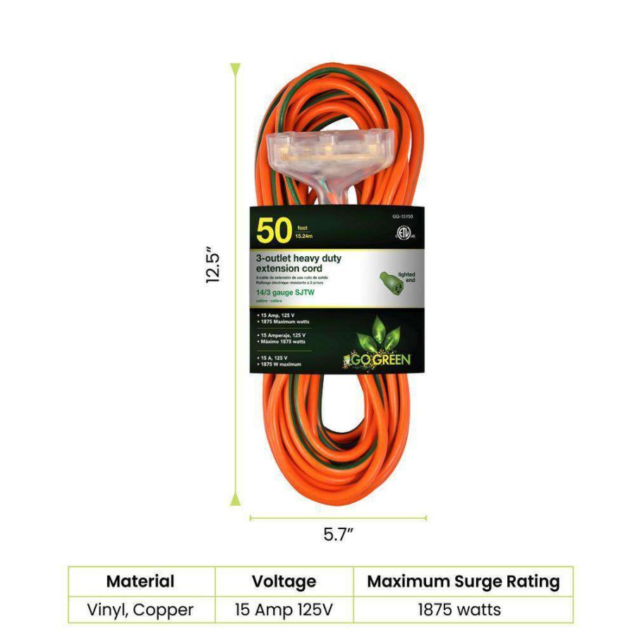 General Purpose Cords * | Go Green Power 100 Ft. 3-Outlet 12/3 Heavy Duty Extension Cord Orange