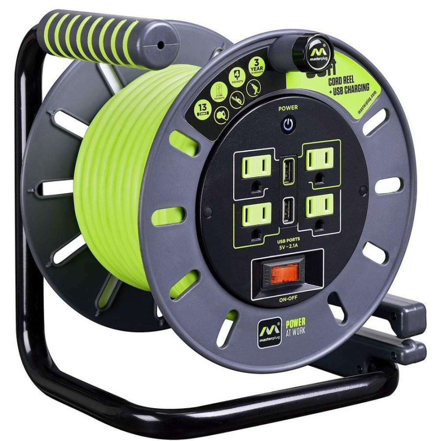 Extension Cord Reels * | Masterplug 50 Ft. 13 Amp 14 Awg Medium Open Reel With Usb Charging And 4-Sockets