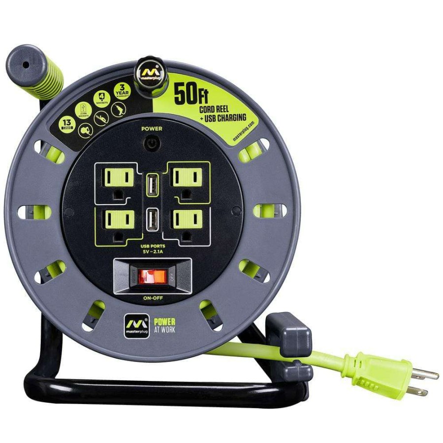 Extension Cord Reels * | Masterplug 50 Ft. 13 Amp 14 Awg Medium Open Reel With Usb Charging And 4-Sockets