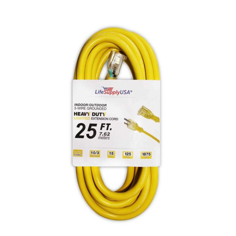 General Purpose Cords * | Lifesupplyusa 25 Ft. 10/3 Sjt Lighted End Extension Cord 15 Amp, 125-Volt, 1875-Watt, Super Heavy-Duty Outdoor Jacket (2-Pack)