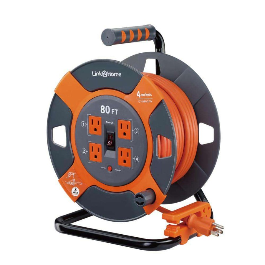 Extension Cord Reels * | Link2Home 80 Ft. 14/3 Extension Cord Storage Reel With 4 Grounded Outlets And Surge Protector