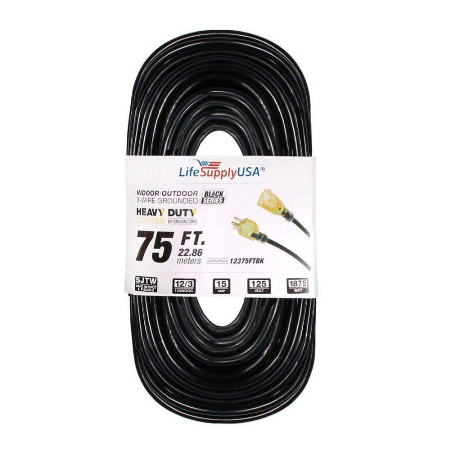 General Purpose Cords * | Lifesupplyusa 75 Ft. 12/3 Sjtw 15 Amp 125-Volt 1875-Watt Lighted End Indoor/Outdoor Black Heavy-Duty Extension Cord