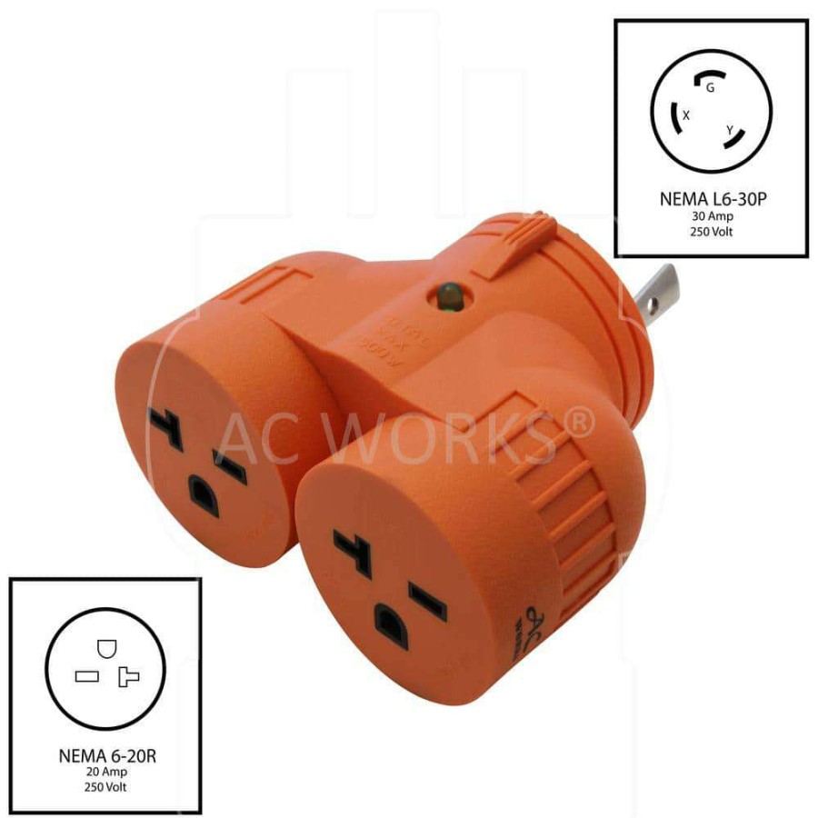 Extension Cord Accessories * | Ac Works Adapter L6-30P 30 Amp 3-Prong Plug To Two 20 Amp 6-20R 3-Prong Connectors