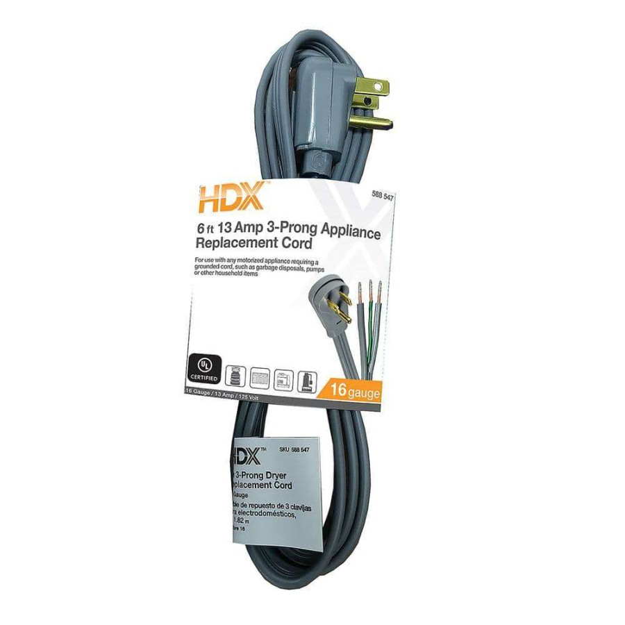 Appliance Extension Cords * | Hdx 6 Ft. 13 Amp 3-Prong Grey Appliance Replacement Cord