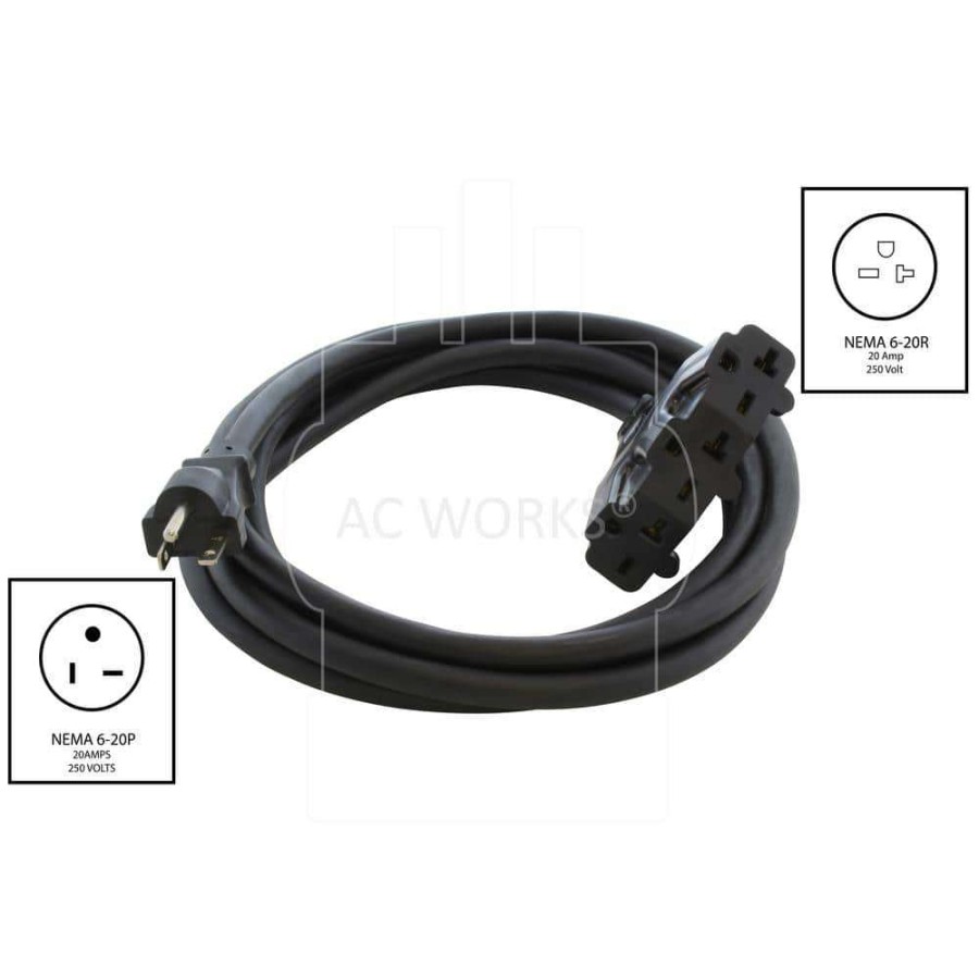 General Purpose Cords * | Ac Works 10 Ft. Sjtw 12/3 Nema 6-20 20 Amp 220-Volt Plug To 15/20 Amp 220-Volt Multi-Outlets Extension Cord